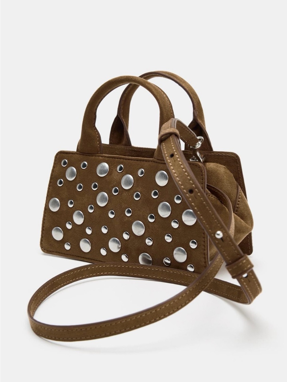 Zara Brown Faux Suede Silver Studded Handbag. Brand new!